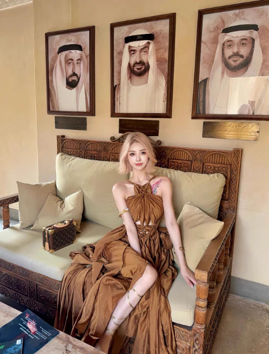 Chic Halter Cutout Backless Brown Long Evening Dress With Streamer