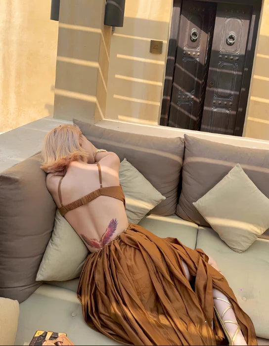 Chic Halter Cutout Backless Brown Long Evening Dress With Streamer