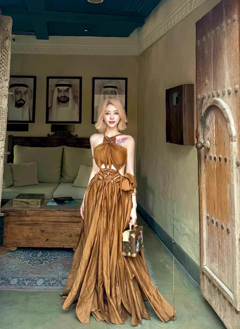 Chic Halter Cutout Backless Brown Long Evening Dress With Streamer