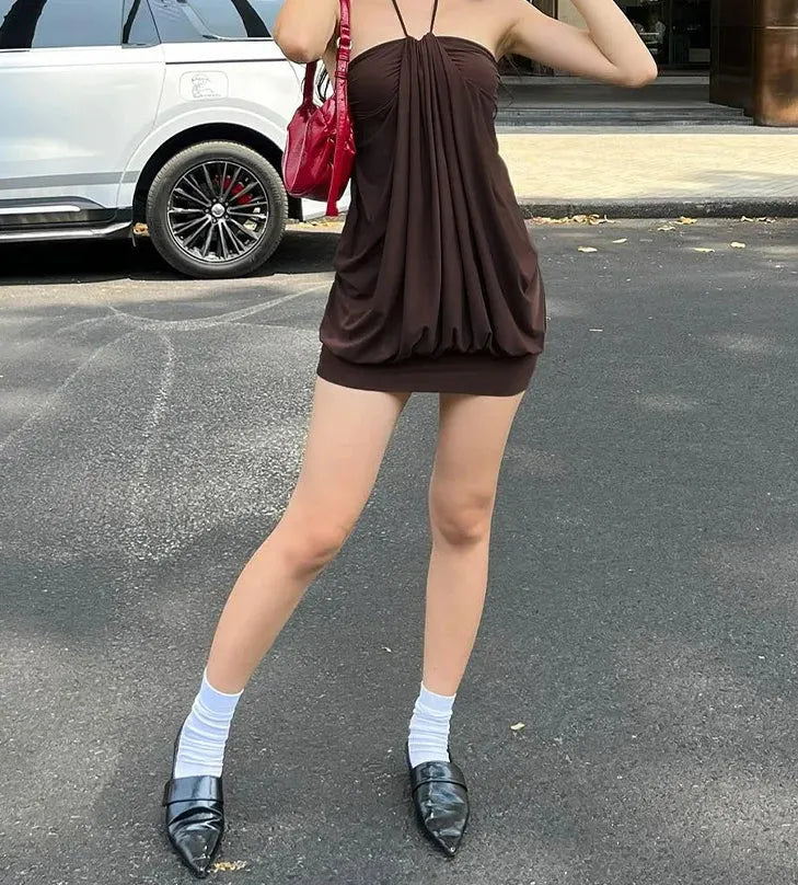 Chic Halter Ruched Backless Draped Brown Mini Homecoming Dress Ready To Ship