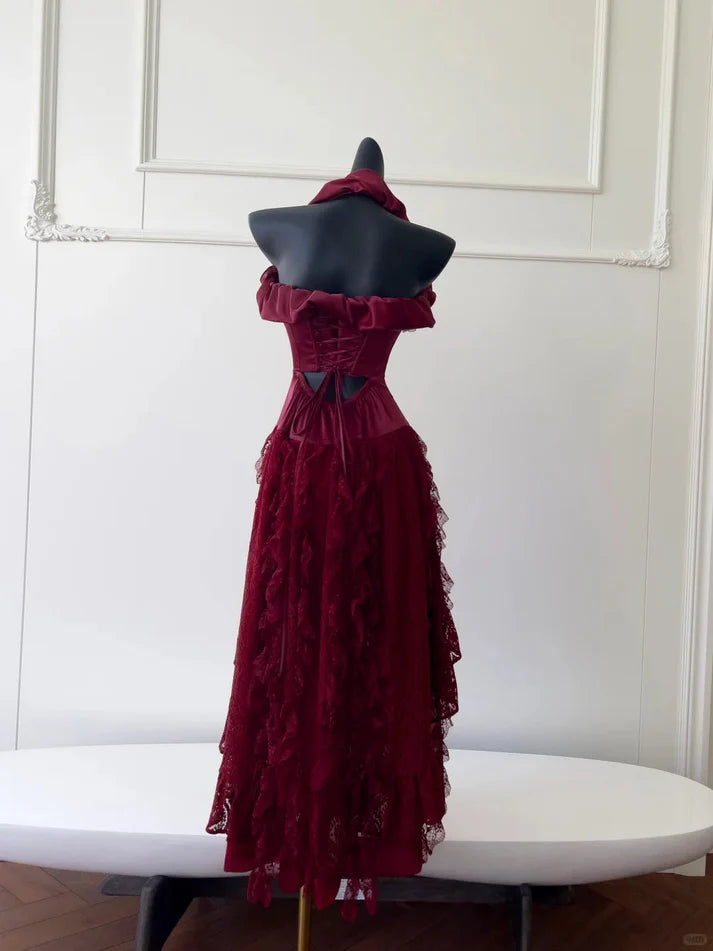 Chic Halter Satin Burgundy Long Party Dress With Lace Asymmetrical Hem