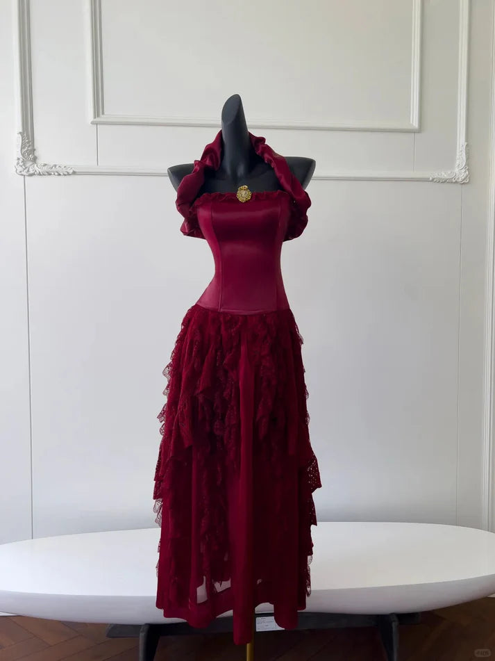 Chic Halter Satin Burgundy Long Party Dress With Lace Asymmetrical Hem