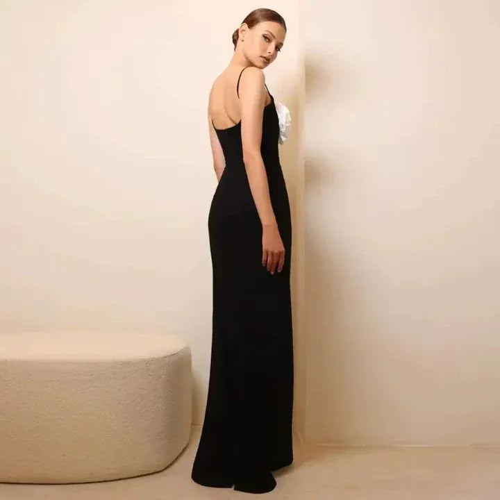 Chic Knit Long Evening Dress Black Deep V-Neck Spaghetti Sleeve for Women