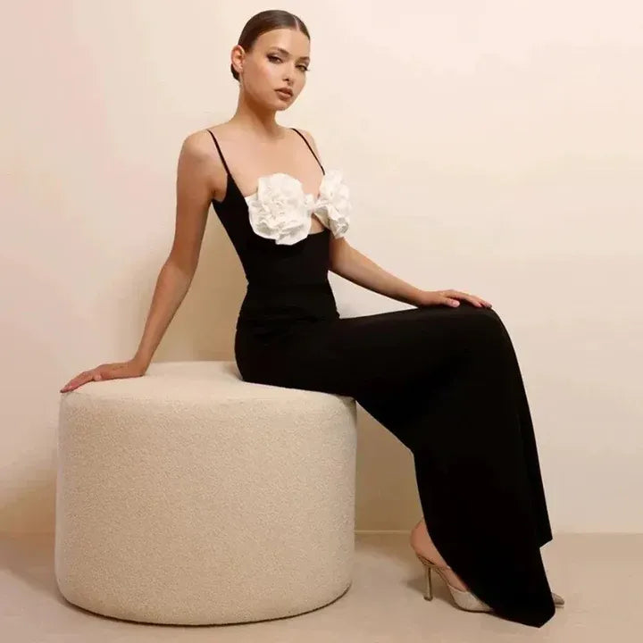 Chic Knit Long Evening Dress Black Deep V-Neck Spaghetti Sleeve for Women