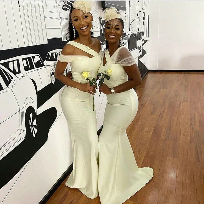 Chic Mermaid Asymmetrical Neck Satin White Long Bridesmaid Dresses