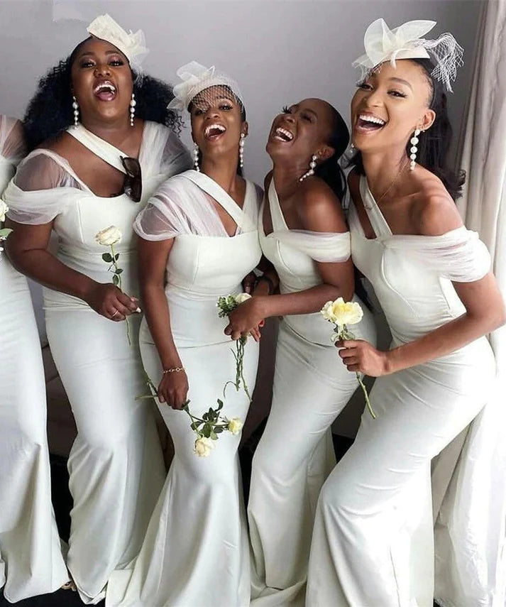 Chic Mermaid Asymmetrical Neck Satin White Long Bridesmaid Dresses