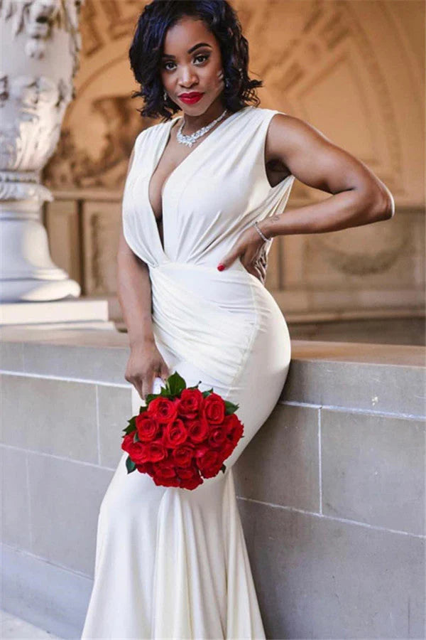 Chic Mermaid Deep V-Neck Sleeveless Backless Floor Length Prom Dress