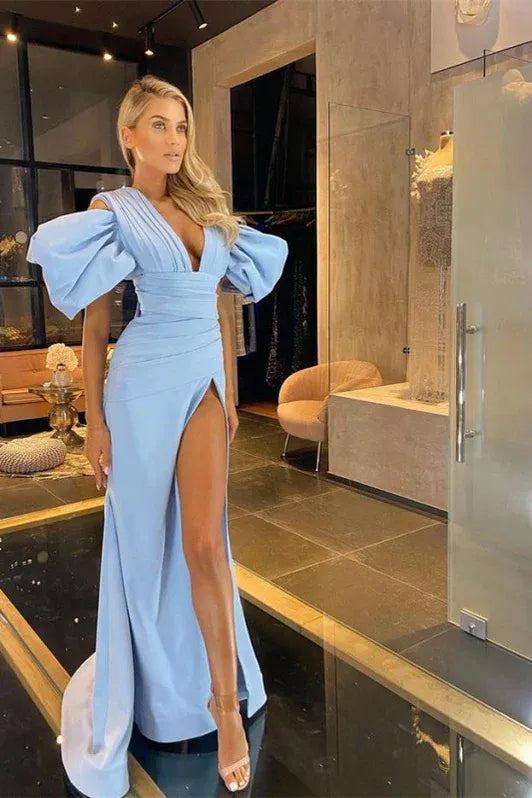 Chic Mermaid Deep V Puff Sleeve Slit Sky Blue Train Prom Dress For Women Buy