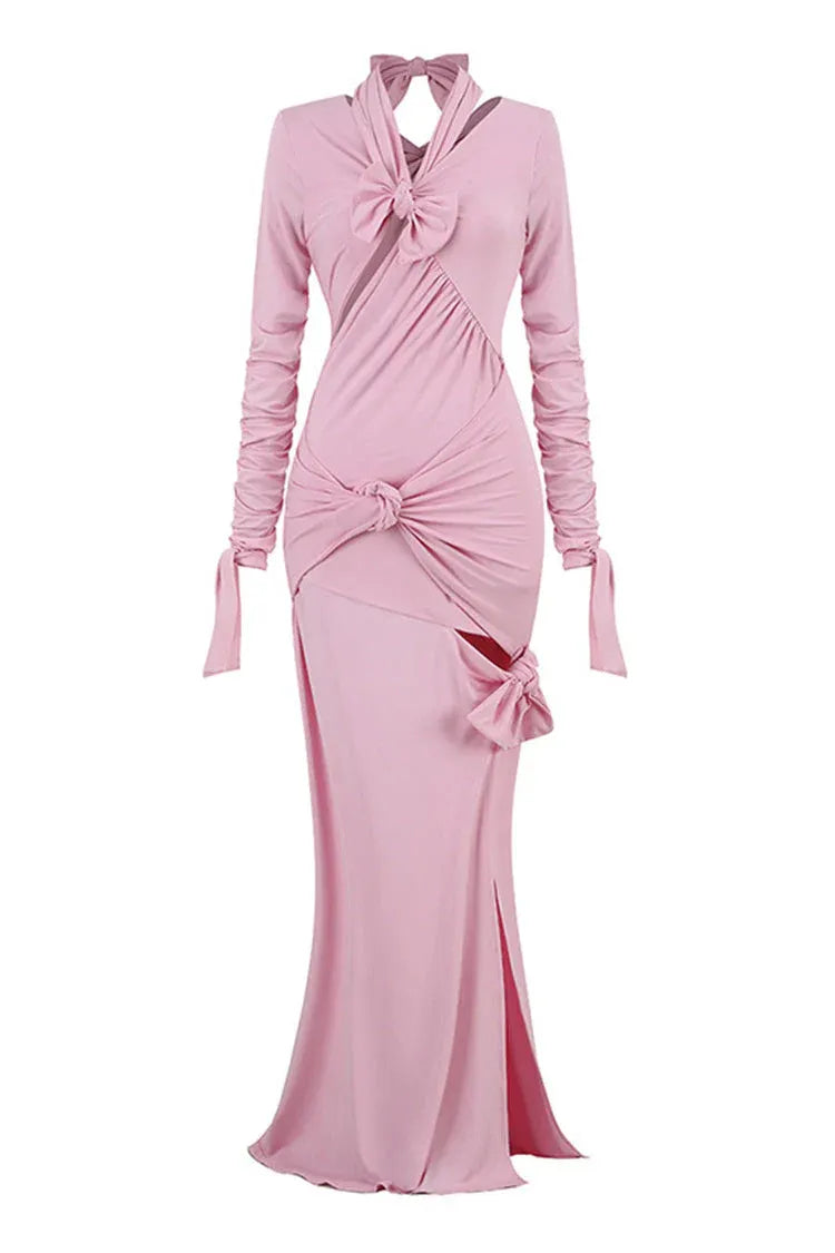 Chic Mermaid Halter Neck Long-Sleeve Bow-Accented Jersey Pink Maxi Evening Dress