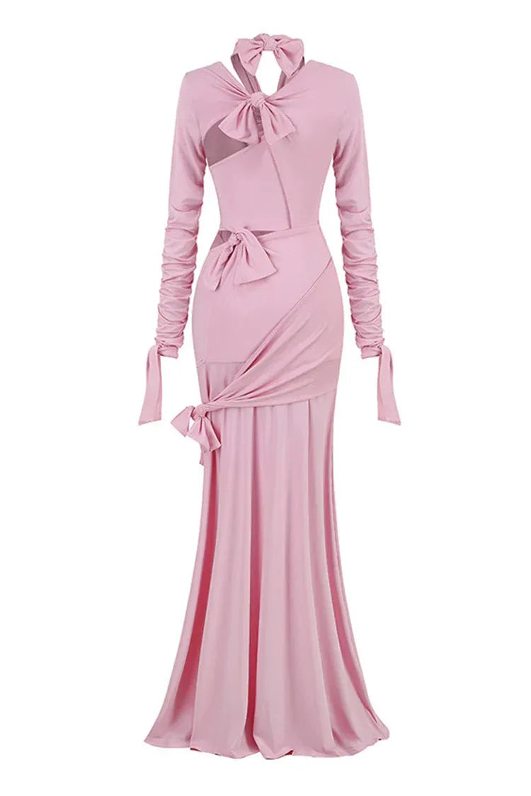 Chic Mermaid Halter Neck Long-Sleeve Bow-Accented Jersey Pink Maxi Evening Dress