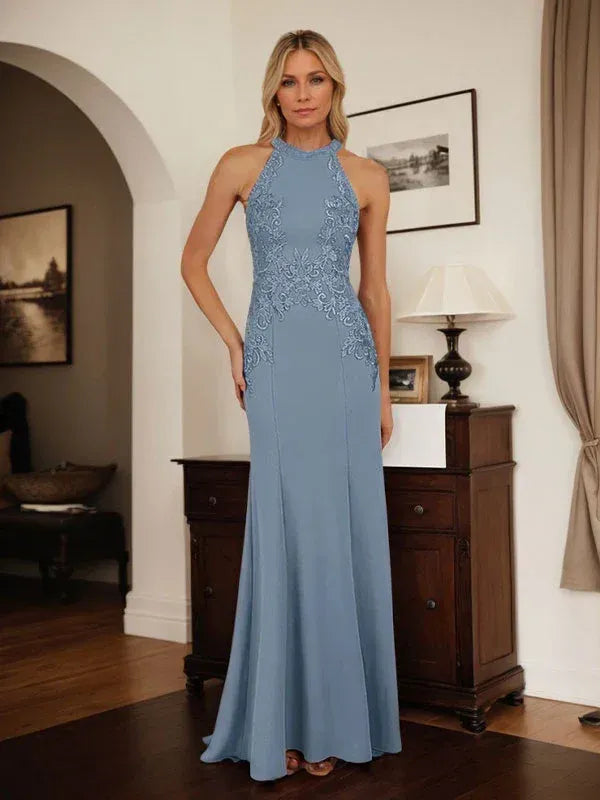 Chic Mermaid Halter Neck Lace Dusty Blue Maxi Mother of the Bride Dress