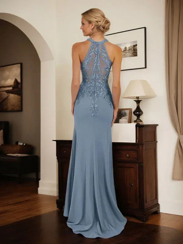 Chic Mermaid Halter Neck Lace Dusty Blue Maxi Mother of the Bride Dress