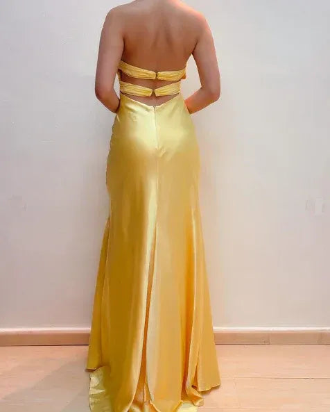 Chic Mermaid Halter Sleeveless Cutout Yellow Maxi Prom Dress for Women Hot Sale