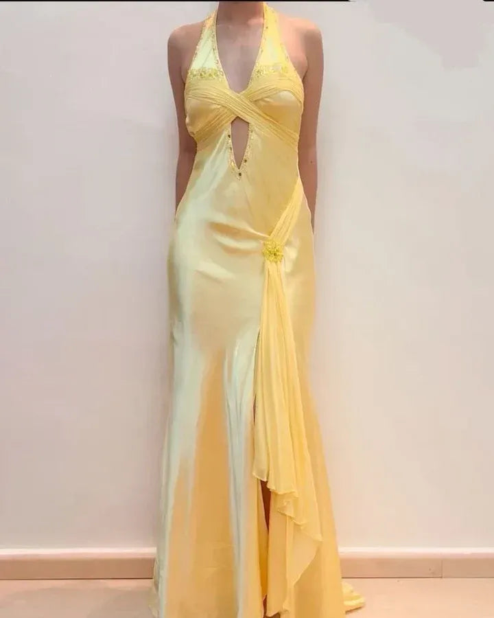 Chic Mermaid Halter Sleeveless Cutout Yellow Maxi Prom Dress for Women Hot Sale