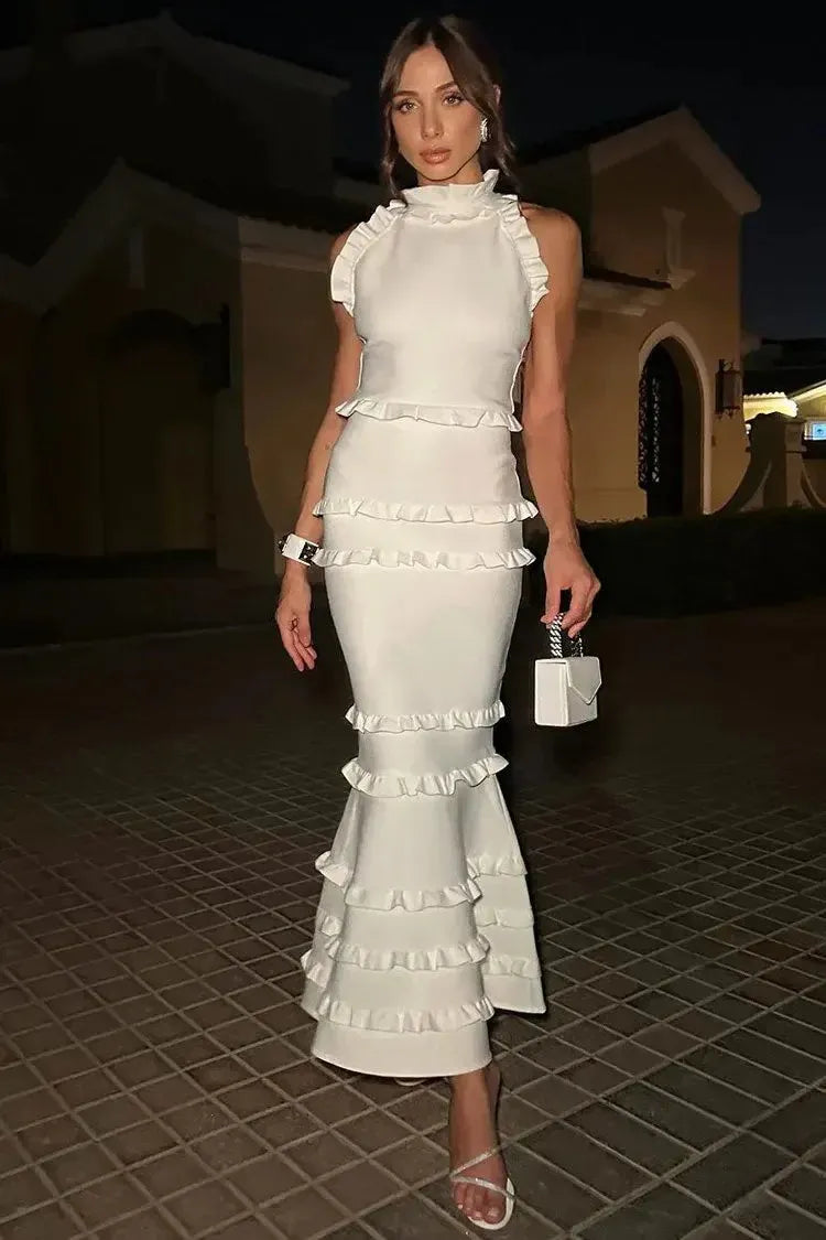 Chic Mermaid Halter Sleeveless Ruffled White Midi Prom Dress for Women For Sale
