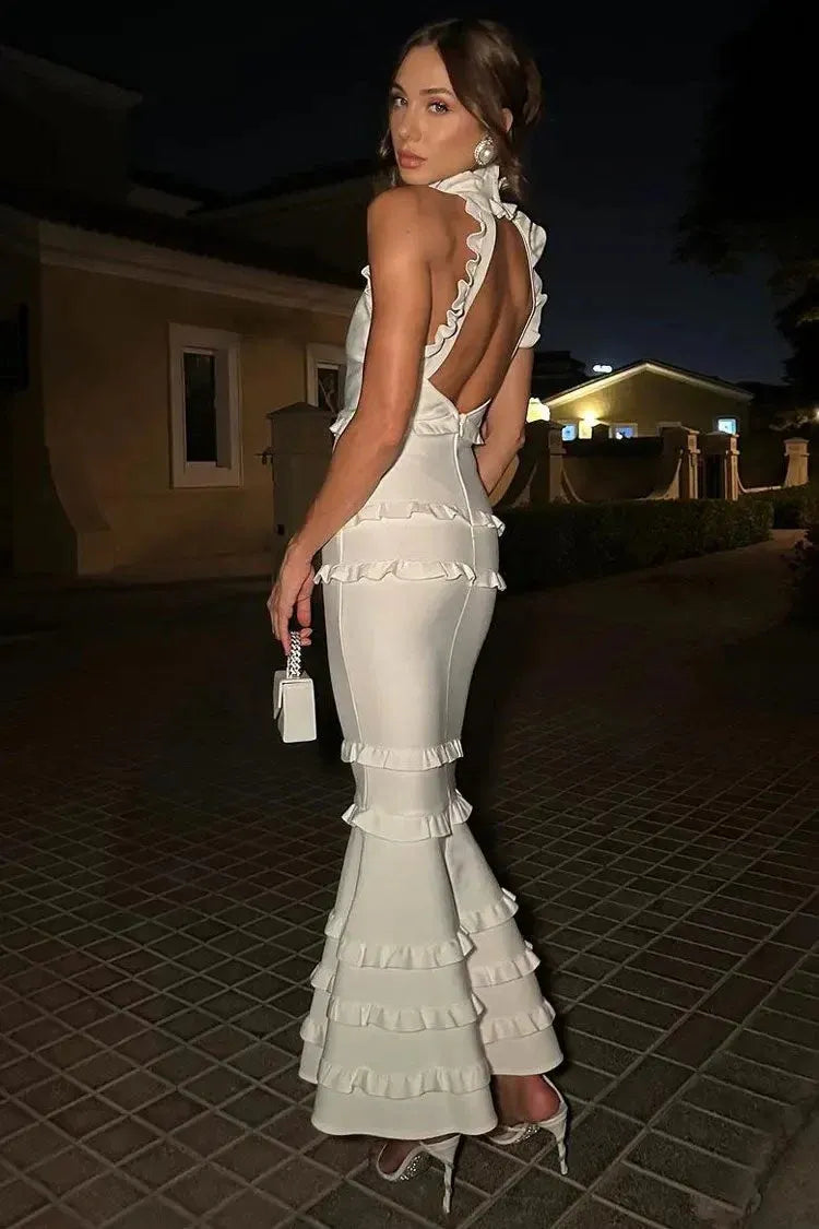 Chic Mermaid Halter Sleeveless Ruffled White Midi Prom Dress for Women For Sale