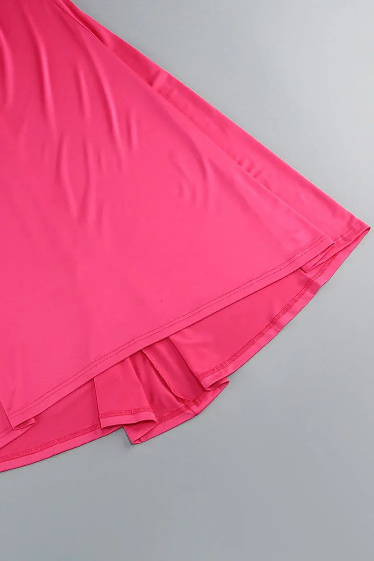 Chic Mermaid High-Neck Long-Sleeve Lace-Accented Hot-Pink Maxi Prom Dress for Women ready to ship