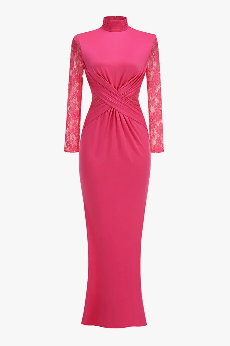 Chic Mermaid High-Neck Long-Sleeve Lace-Accented Hot-Pink Maxi Prom Dress for Women ready to ship