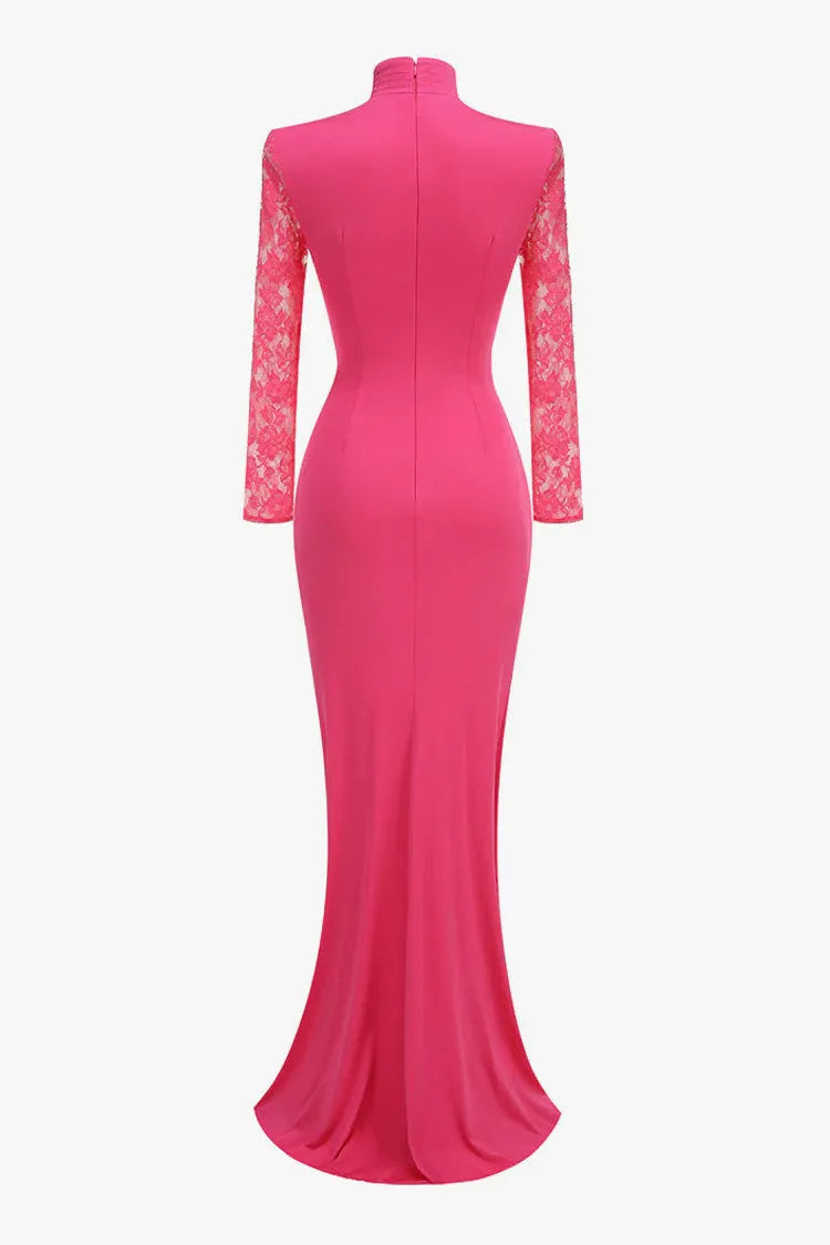 Chic Mermaid High-Neck Long-Sleeve Lace-Accented Hot-Pink Maxi Prom Dress for Women ready to ship