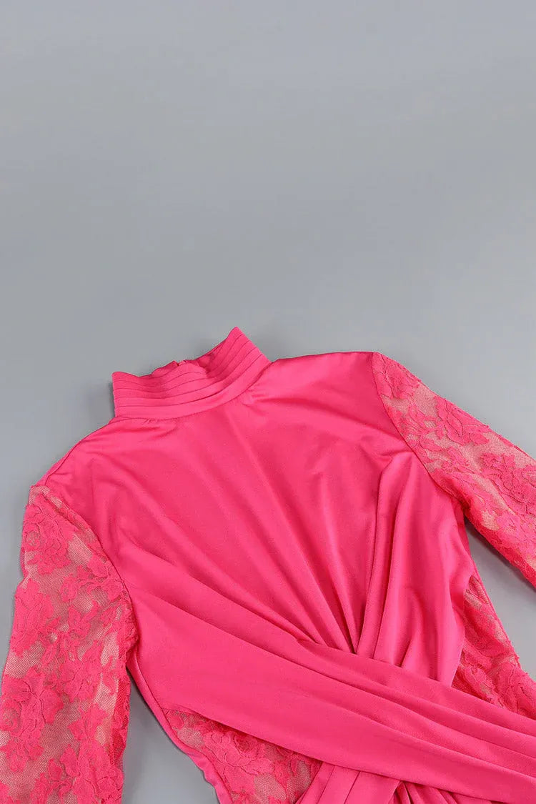 Chic Mermaid High-Neck Long-Sleeve Lace-Accented Hot-Pink Maxi Prom Dress for Women ready to ship