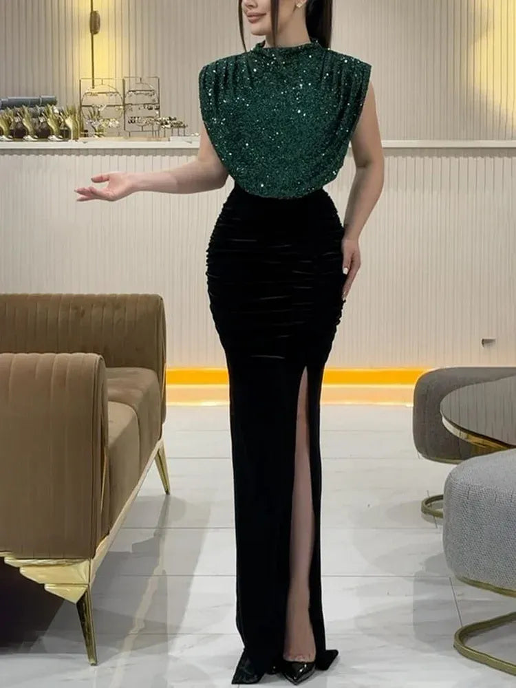 Chic Mermaid High Neck Sleeveless Sequins Slit Floor-Length Party Dress