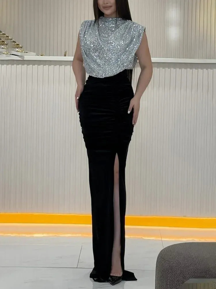 Chic Mermaid High Neck Sleeveless Sequins Slit Floor-Length Party Dress