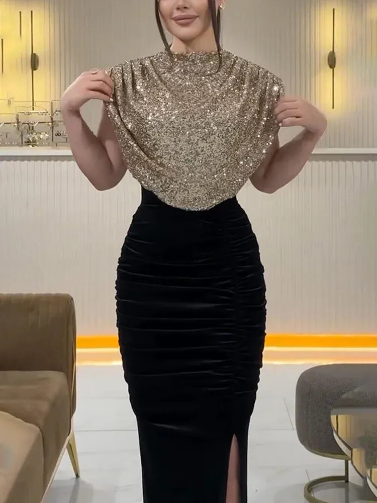 Chic Mermaid High Neck Sleeveless Sequins Slit Floor-Length Party Dress