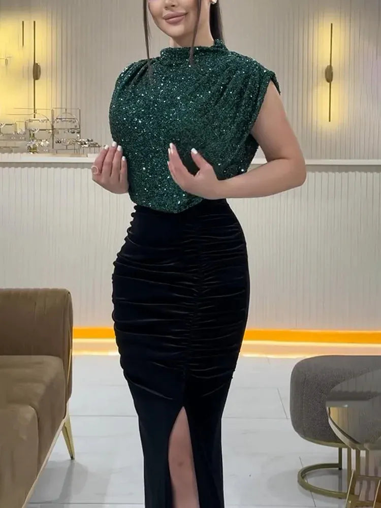 Chic Mermaid High Neck Sleeveless Sequins Slit Floor-Length Party Dress