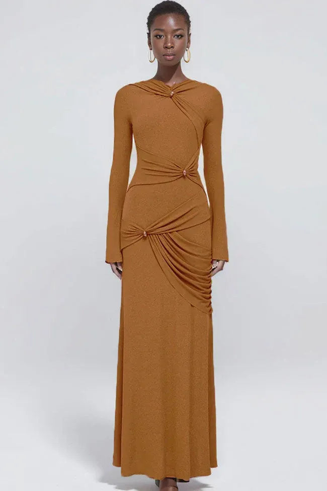 Chic Mermaid Mock-Neck Ruched Camel Maxi Evening Dress for Women