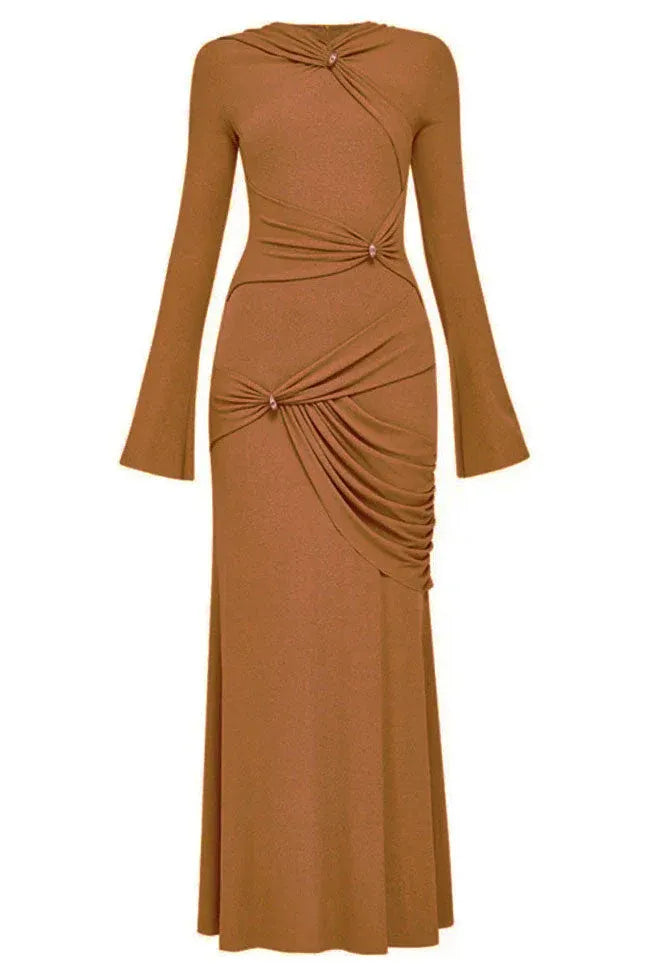 Chic Mermaid Mock-Neck Ruched Camel Maxi Evening Dress for Women