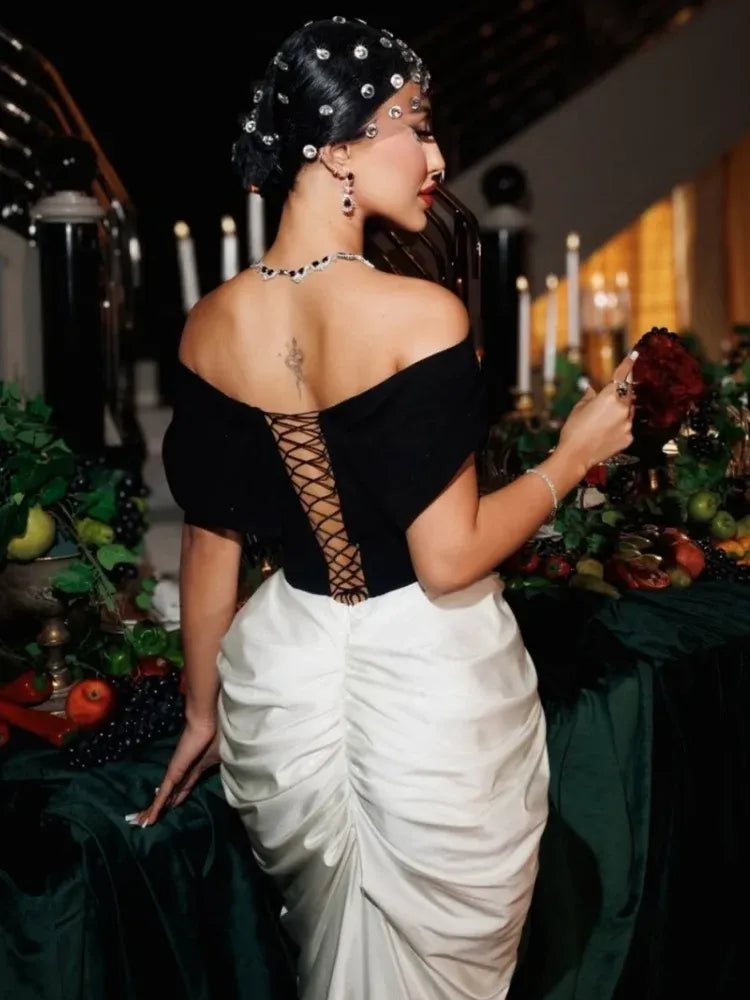 Chic Mermaid Off-Shoulder Corset Ruched Two-Tone White Long Evening Dress