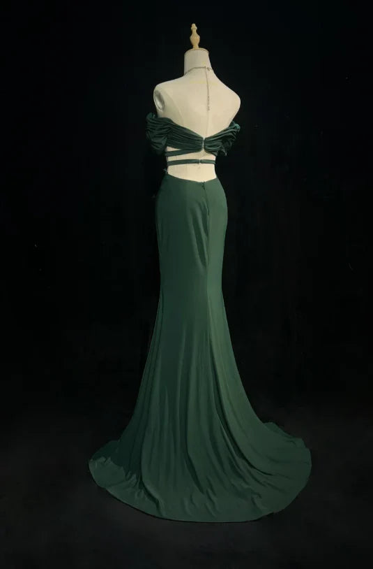 Chic Mermaid Off-Shoulder Cutout Chiffon Dark Green Long Evening Dress