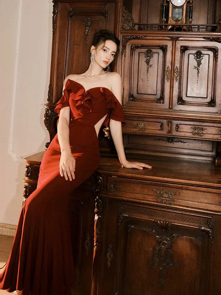 Chic Mermaid Off-Shoulder Ruffle Burgundy Floor-Length Prom Dress For Women Custom