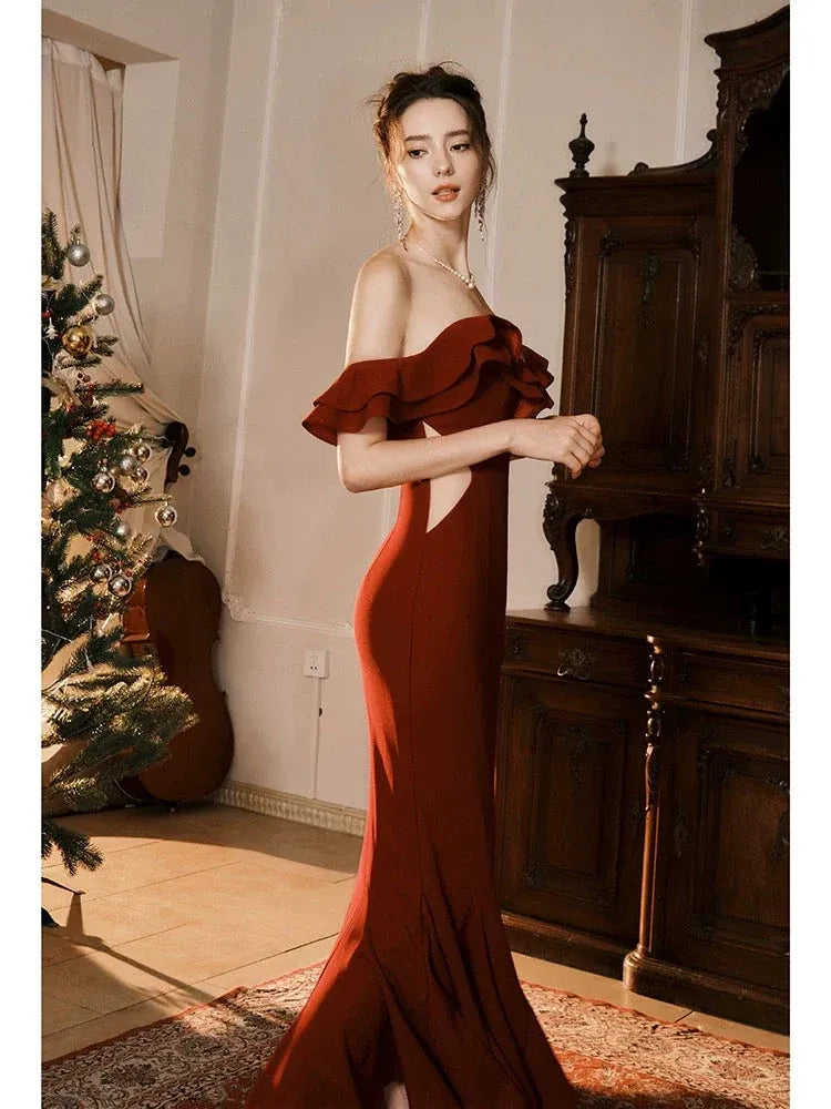 Chic Mermaid Off-Shoulder Ruffle Burgundy Floor-Length Prom Dress For Women Custom