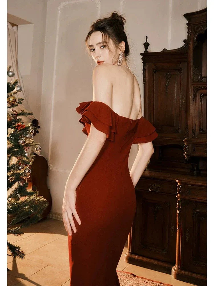 Chic Mermaid Off-Shoulder Ruffle Burgundy Floor-Length Prom Dress For Women Custom