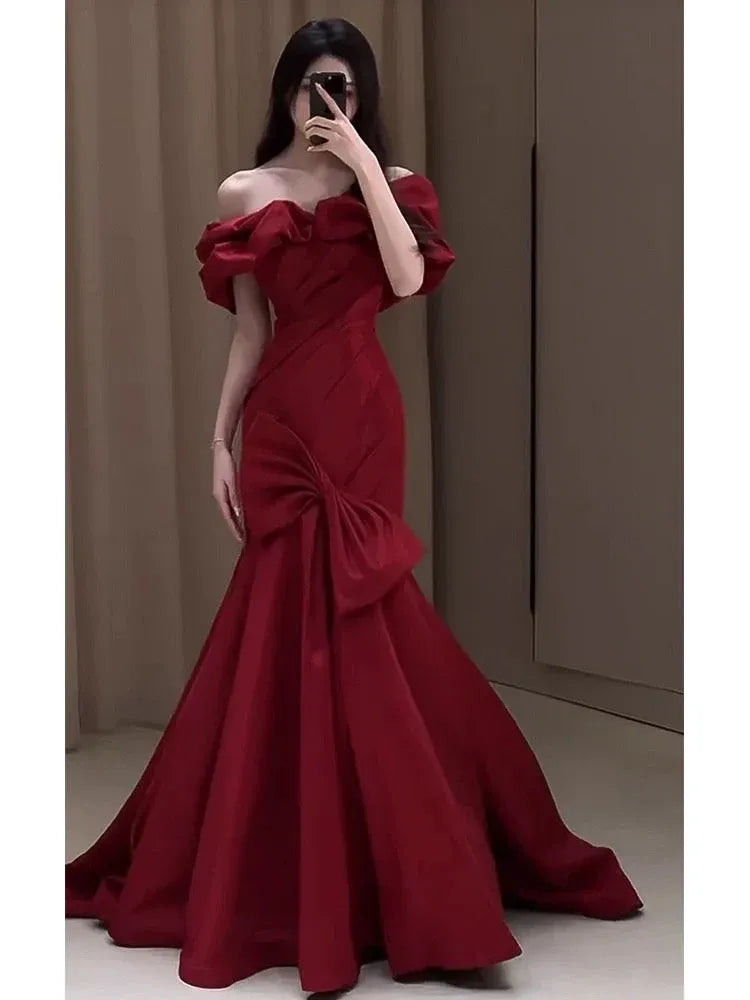Chic Mermaid Off-the-Shoulder Sleeveless Bow Red Train Prom Dress for Women Custom