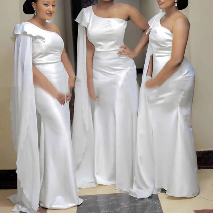 Chic Mermaid One Shoulder White Long Bridesmaid Dresses With Streamer