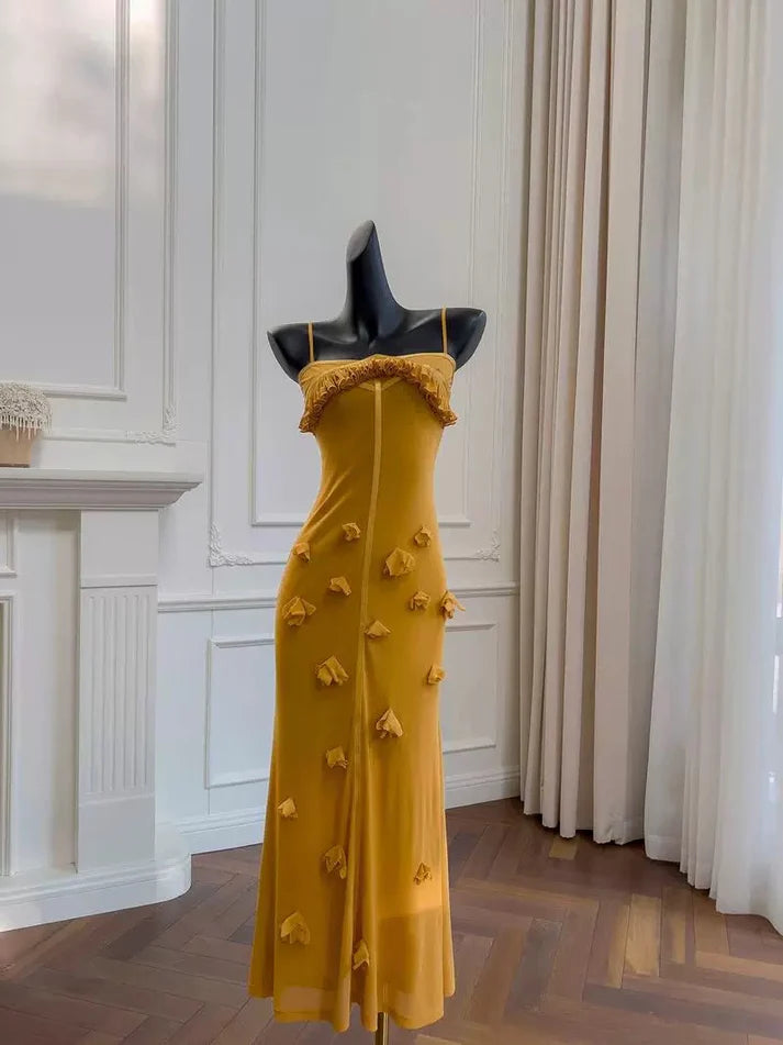 Chic Mermaid Spaghetti Straps Chiffon Yellow Evening Dress Prom Dress