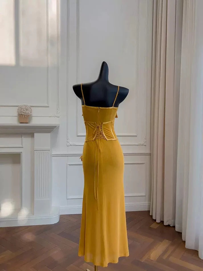Chic Mermaid Spaghetti Straps Chiffon Yellow Evening Dress Prom Dress