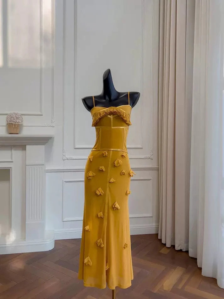 Chic Mermaid Spaghetti Straps Chiffon Yellow Evening Dress Prom Dress