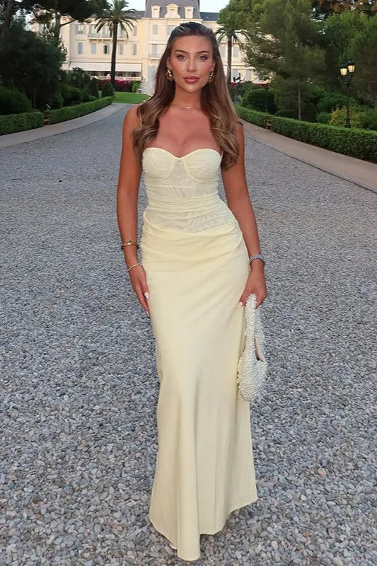 Chic Mermaid Spaghetti Straps Ruched Mesh Pale Yellow Floor-Length Prom Dress