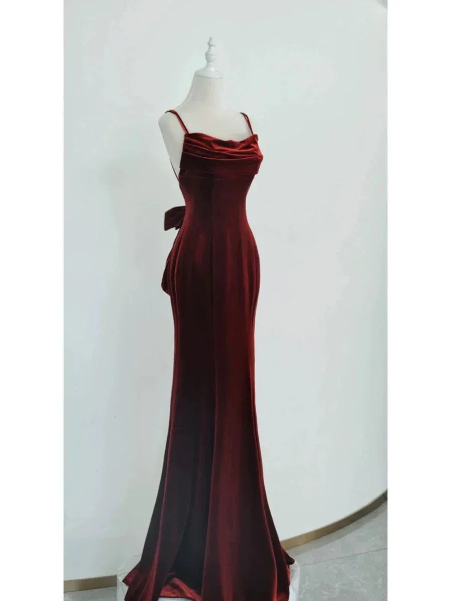 Chic Mermaid Square-Neck Sleeveless Bow-Detail Velvet Burgundy Floor-Length Prom Dress for Women