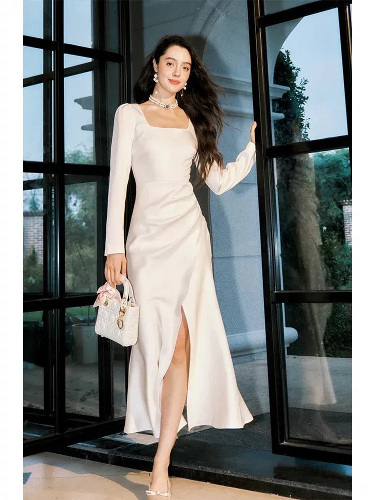 Chic Mermaid Square Neck Long Sleeve Ivory Midi Prom Dress for Women Ready to Ship