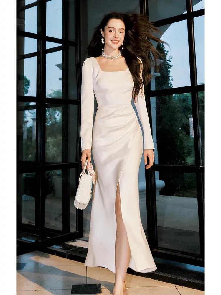 Chic Mermaid Square Neck Long Sleeve Ivory Midi Prom Dress for Women Ready to Ship