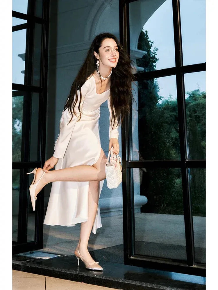 Chic Mermaid Square Neck Long Sleeve Ivory Midi Prom Dress for Women Ready to Ship