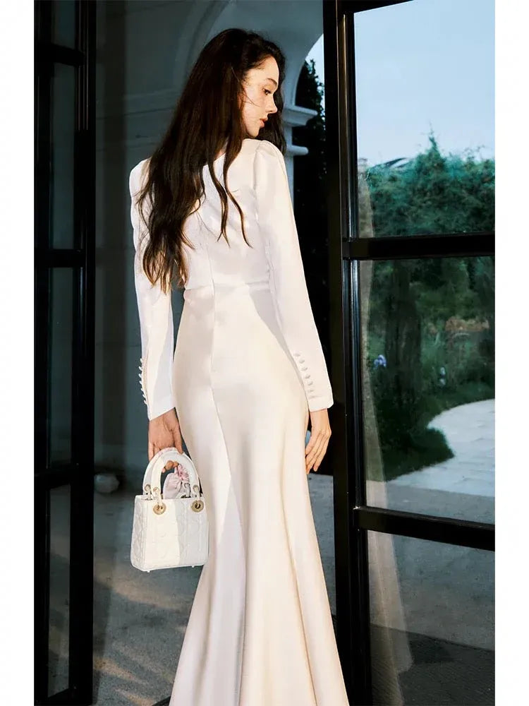 Chic Mermaid Square Neck Long Sleeve Ivory Midi Prom Dress for Women Ready to Ship