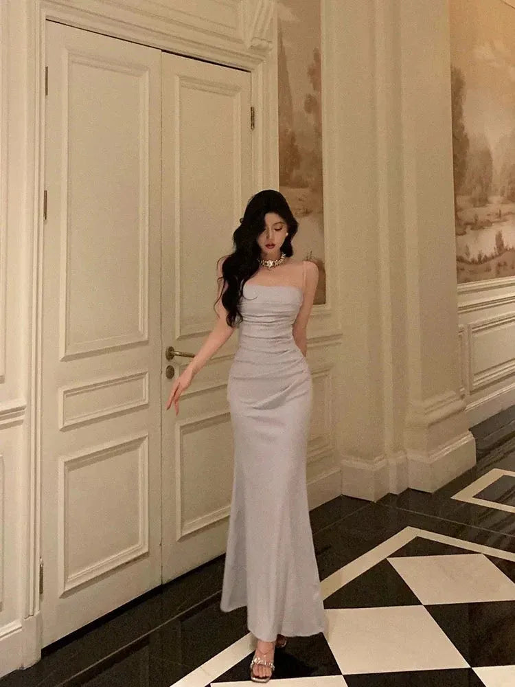 Chic Mermaid Square Neck Sleeveless Ruched Light Gray Maxi Prom Dress
