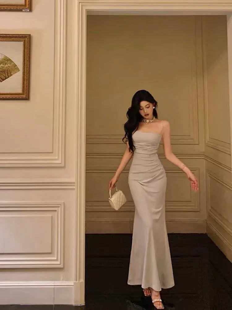 Chic Mermaid Square Neck Sleeveless Ruched Light Gray Maxi Prom Dress