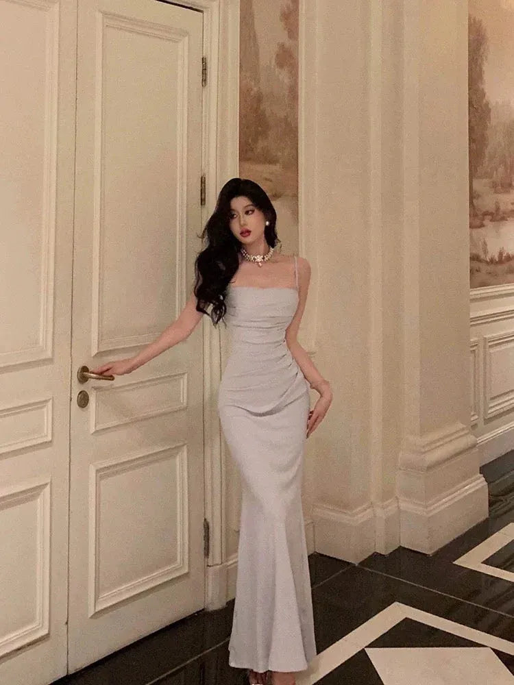 Chic Mermaid Square Neck Sleeveless Ruched Light Gray Maxi Prom Dress