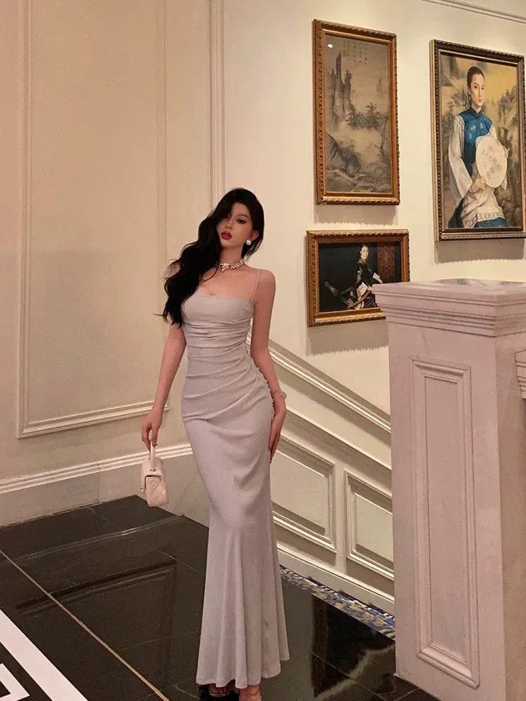 Chic Mermaid Square Neck Sleeveless Ruched Light Gray Maxi Prom Dress